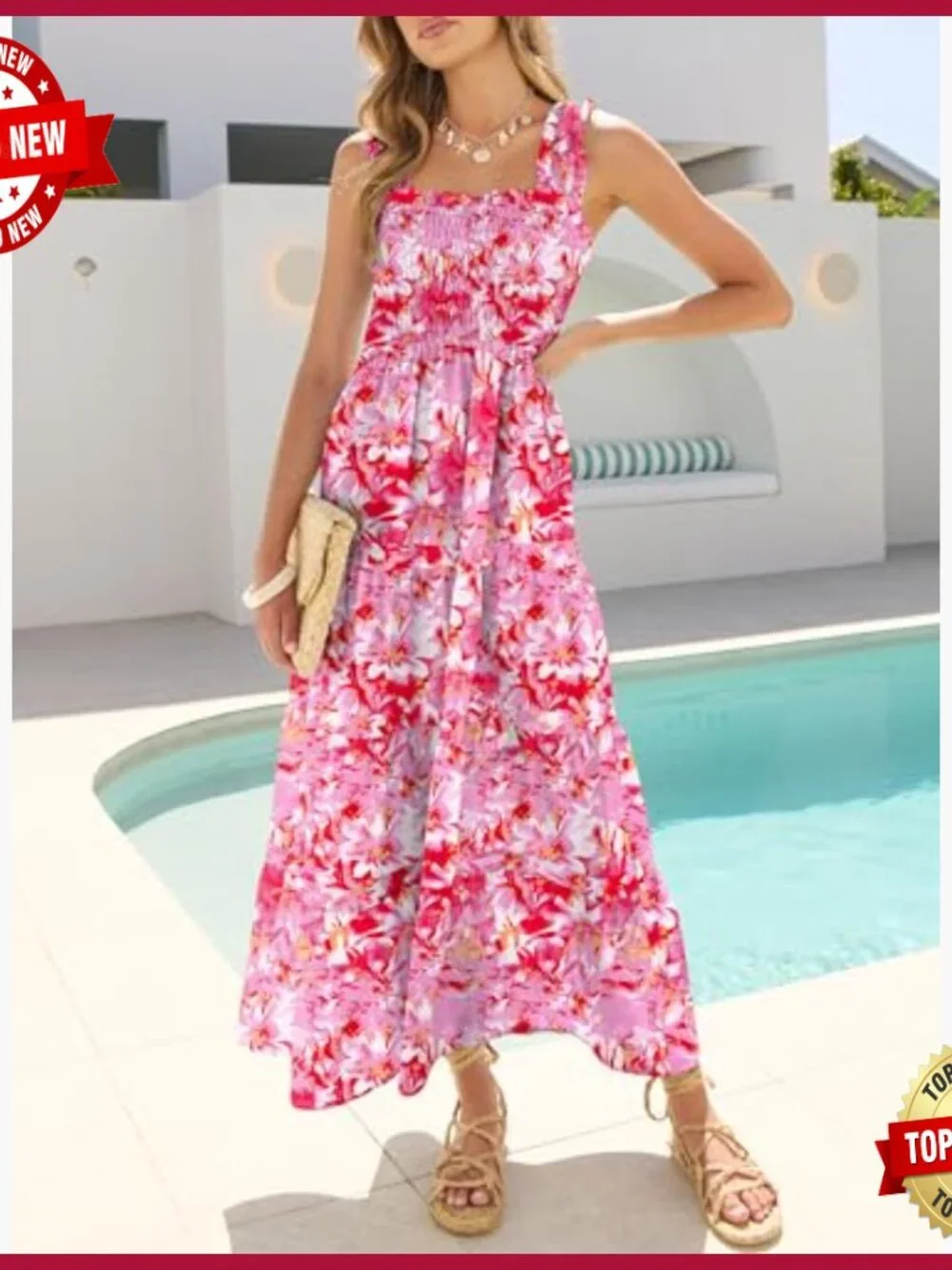 Sleeveless Maxi Dress Smocked Bodice Tiered A-Line Flowy Summer Beach - Picture 2 of 7